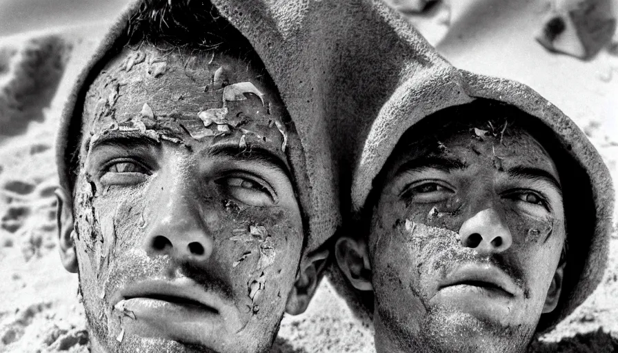 Image similar to 1 9 6 0 s movie still close up of marcus atilius regulus'face with the eyes wide open and ripped off eyelid, his body buried in the sand, cinestill 8 0 0 t 3 5 mm b & w, high quality, heavy grain, high detail, texture, dramatic light, anamorphic, hyperrealistic, detailed hair