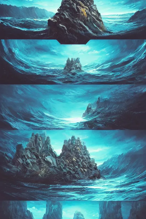 Image similar to fish cliffs, art by matt jefferies and joe doolin, trending on artstation, atmospheric fish eye modernism, realism, film poster, character design, diptych