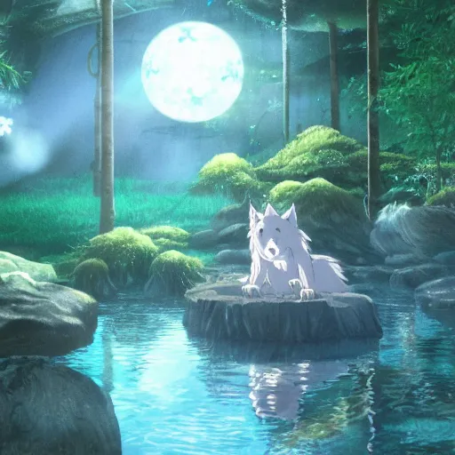 Image similar to a spirit wolf forest drinking water from an illuminated pool, hayao miyazaki, masashi ando, nizou yamamoto, kazuo oga, joe hisaishi, yoji takeshige, naoya tanaka