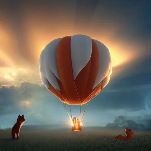 Prompt: anthropomorphic fox in the hot air balloon at night, clouds around, unreal engine, octane render, dramatic lighting, digital art, ,