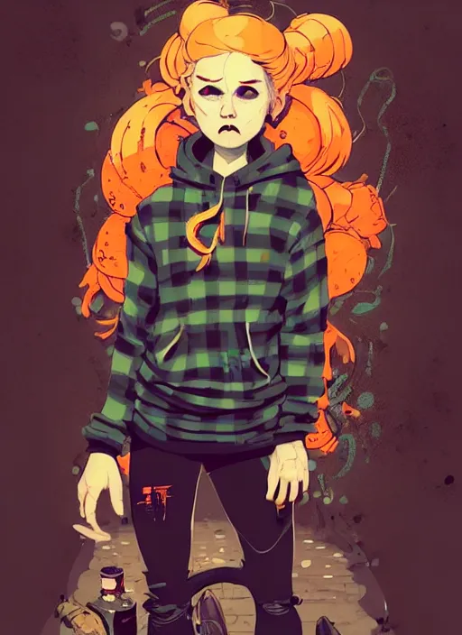 Image similar to highly detailed portrait of a sewer punk lady, tartan hoody, blonde ringlet hair by atey ghailan, by greg rutkowski, by greg tocchini, by james gilleard, by joe fenton, by kaethe butcher, gradient orange, black, blonde cream and white color scheme, grunge aesthetic!!! ( ( graffiti tag wall background ) )