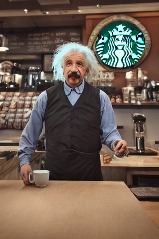 Image similar to intricate color photo of albert einstein, working in starbucks serving a customer, 8 k octane beautifully detailed render