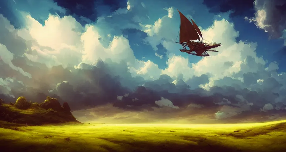 Prompt: a large wooden fantasy sky - ship flying through the clouds blue sky grassy hills, andreas rocha style