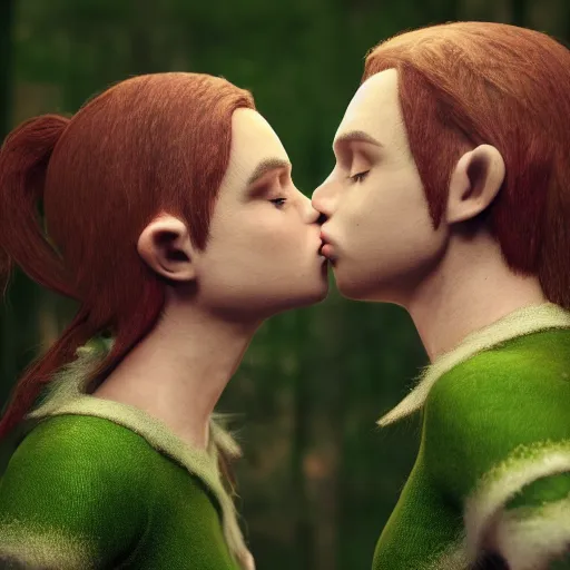 Image similar to elves kissing each other in the forest during the sunny day. Hyperrealism, greenshift render, 8k, depth of field, cinematic