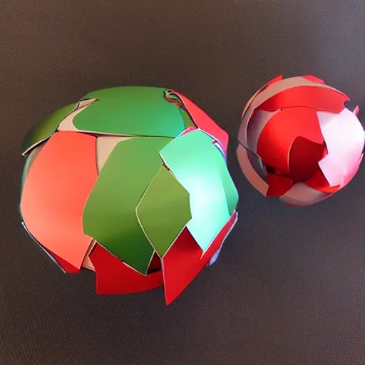 Prompt: chrome spheres on a red cube, paper craft