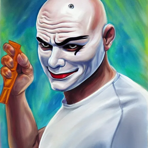 Image similar to painting of mr. clean cosplaying as gigachad, wearing a halloween mask, tattoo on bald head