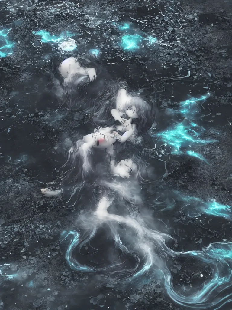 Prompt: cute fumo plush of a cursed frail witch girl sinking deep into an inky black reflective pond of blackness swirling with strange energetic fluid, melting volumetric smoke and fog, environment map pbr reflective water, goth, vignette, vray