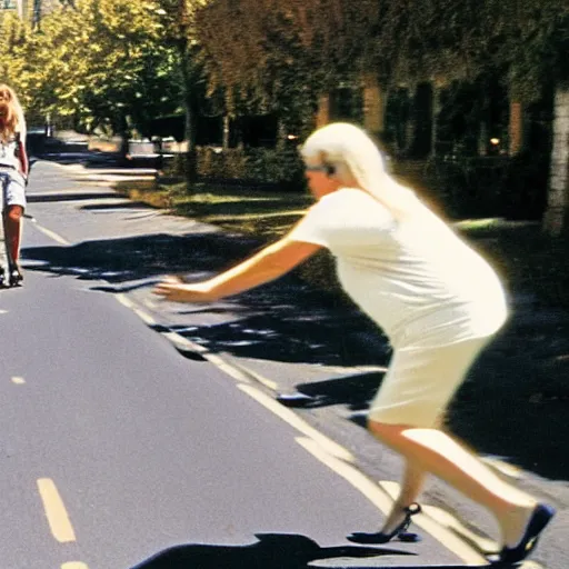 Prompt: Aphex Twin chasing an old lady down the street, sunny day,