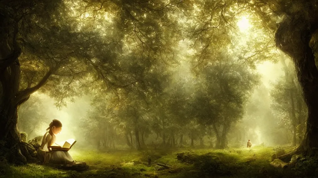 Image similar to girl reads a book in a tree, far away, in the magical forest. andreas achenbach, artgerm, mikko lagerstedt, zack snyder, tokujin yoshioka