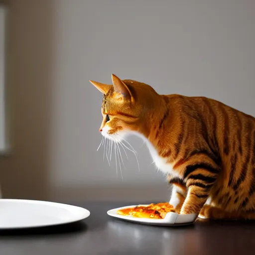 Image similar to Cat eating lasagna of the kitchen table, photorealistic, 40nm lens, 4k,