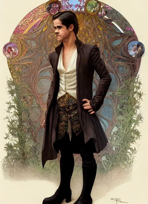 Image similar to teen colin farrell as a modern - day aristocrat wearing dress boots, detailed face, d & d, wet, shiny, fantasy, intricate, elegant, hyper detailed, ultra definition, photoreal, artstation, unreal engine rendered, concept art, smooth, sharp focus, illustration, art by artgerm and greg rutkowski and alphonse mucha and garis edelweiss