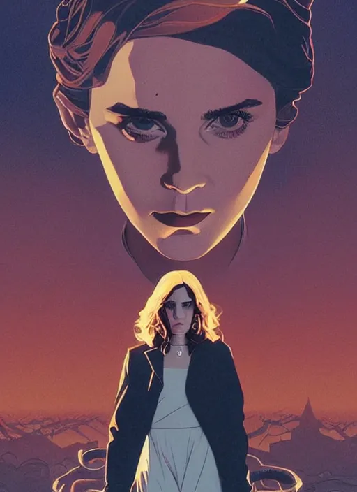 Prompt: poster artwork by Michael Whelan and Tomer Hanuka, Karol Bak of religious Emma Watson wearing cross necklace, on knees swinging all her might into the ground, from scene from Twin Peaks, clean