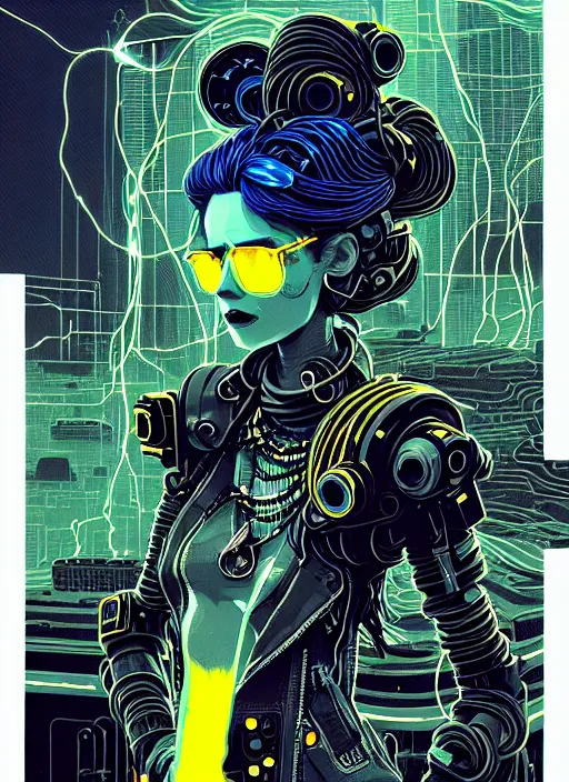 Image similar to highly detailed portrait of wasteland punk long curly neon blue electricity hair tribal lady, stray electric spark wiring by atey ghailan, james gilleard, by joe fenton, by greg rutkowski, by greg tocchini, by kaethe butcher, 4 k resolution, gradient yellow, black and white color scheme!!! ( ( lightning cloudy robotic dystopian city background ) )