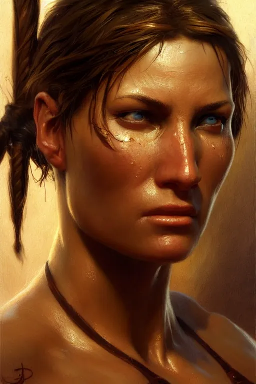 Image similar to muscular sweat lara croft, face close up, highly detailed painting by gaston bussiere, craig mullins, j. c. leyendecker 8 k