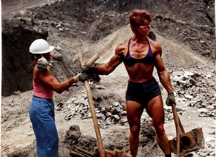 Prompt: 90's professional color photograph, A muscular woman who labors in the mines.