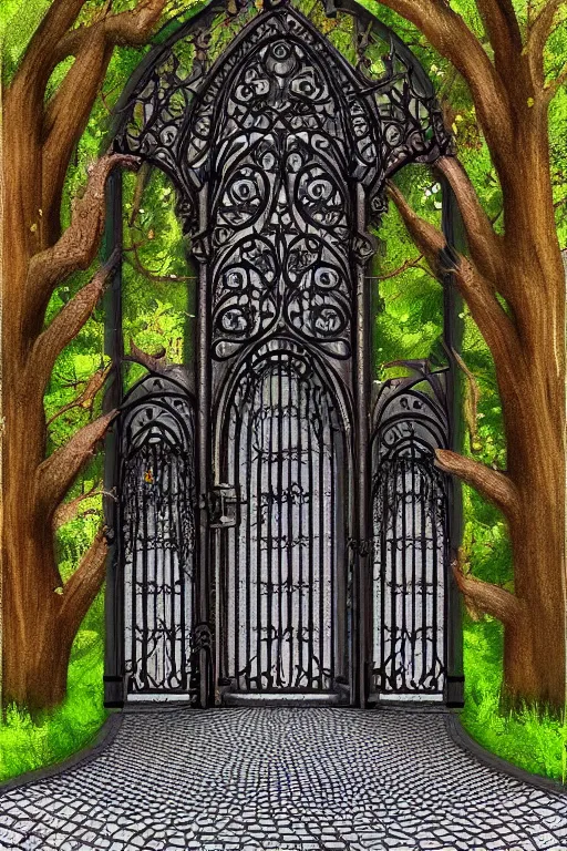 Prompt: beautiful digital painting high quality heavy iron gothic gate in the woods cobblestone ground by Lisa Frank, ,artstation behance