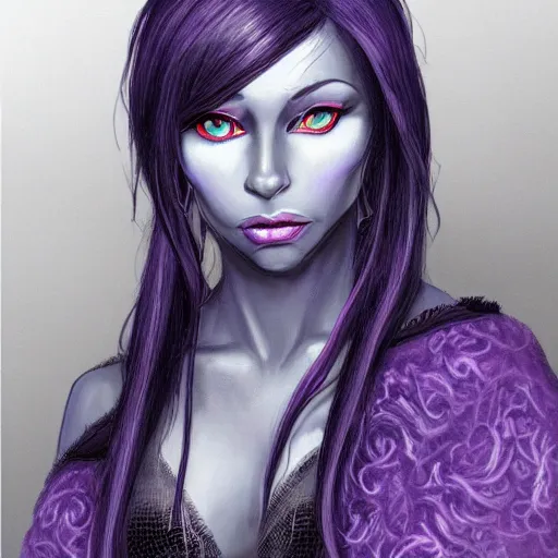 Image similar to portrait of a female fantasy drow, dark elf, with large blue eyes, dark purple skin, and medium-length silver hair