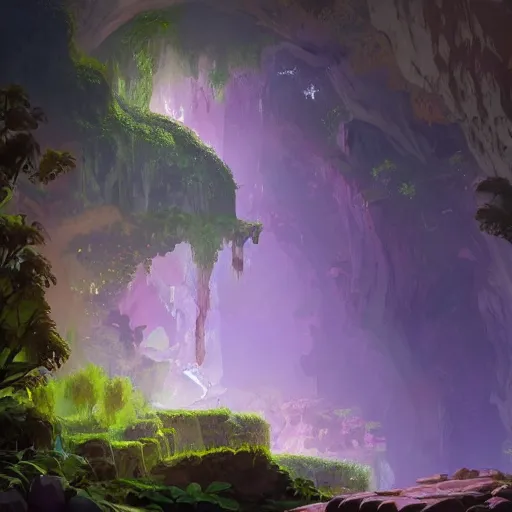 Image similar to beautiful giant piece of amethyst in a lush cave, greg rutkowski