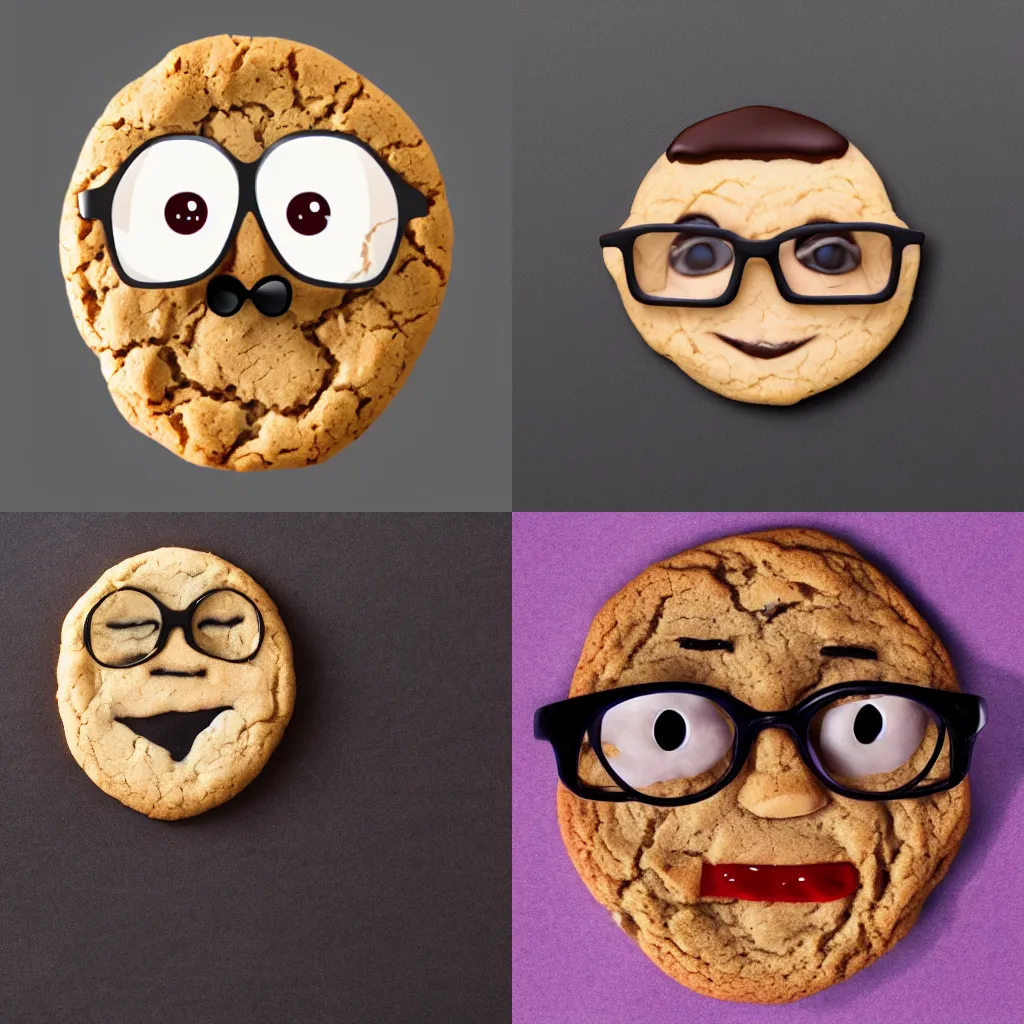 Prompt: A cookie with an human face and glasses on trending on Artstation