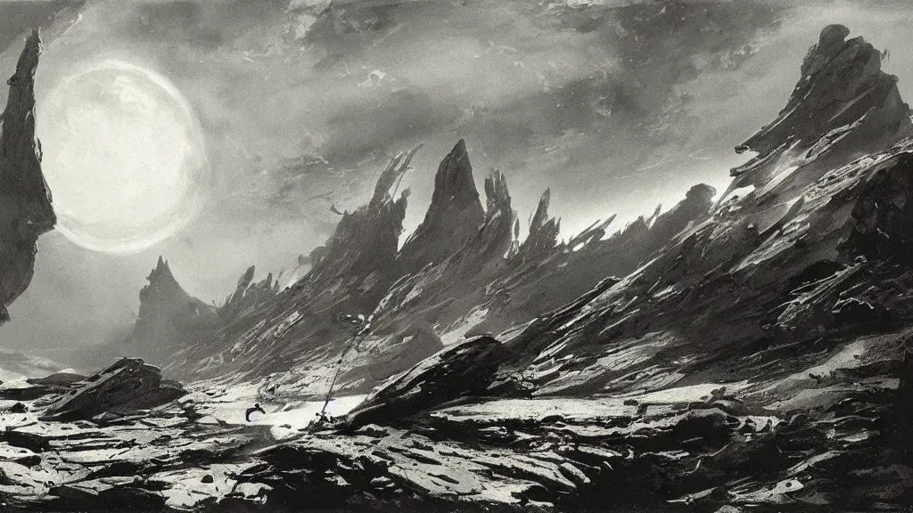 Image similar to a low gravity alien landscape illustrated by peder balke