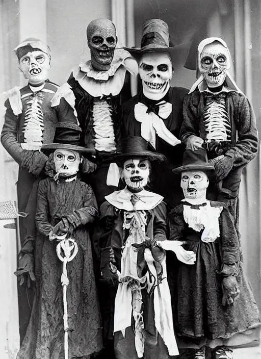 Prompt: photograph from 1902 of Halloween trick or treaters wearing Universal Monsters costumes, highly detailed, vintage film