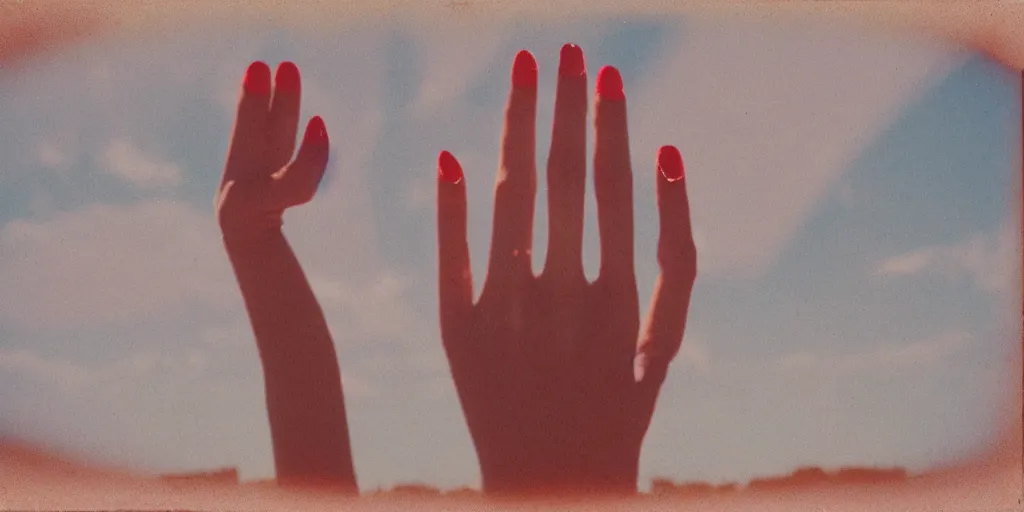 Prompt: weathered old analog polaroid portrait photograph of a beautiful slim female hand with red nail polish, summer, azure sky, big clouds visible, lensflare, sunlight, glare, depth of field, bokeh, filmgrain, red color bleed