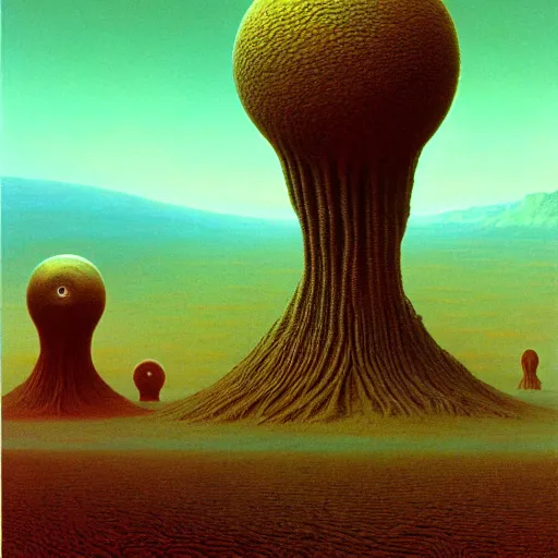 Prompt: alien creatures in a dystopian alien landscape, artstyle Zdzisław Beksiński, very intricate details, high resolution, 4k