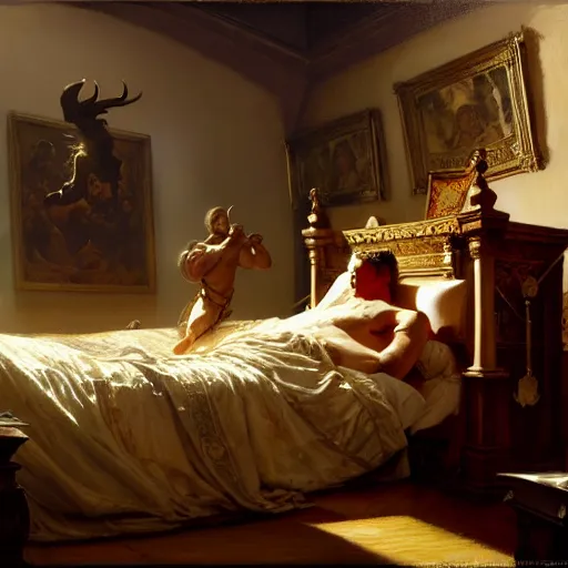 Image similar to the pope is in his bed, nervous and terrified, because a double horned shadow demon from hell lingers across the bed. highly detailed painting by gaston bussiere, j. c. leyendecker, greg rutkowski, craig mullins 8 k