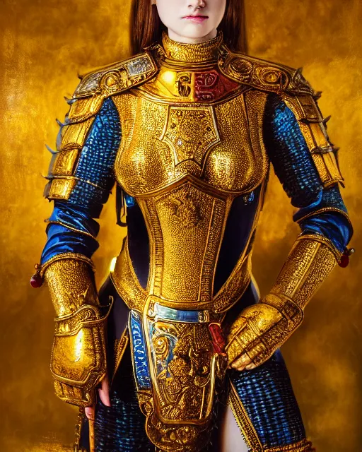 Prompt: enamel painting portrait of woman in shining golden armor, high production value, intricate details, high resolution, hdr, high definition, masterpiece, realistic, ultrarealistic, highly detailed, hd, sharp focus, non blurry, sharp, smooth