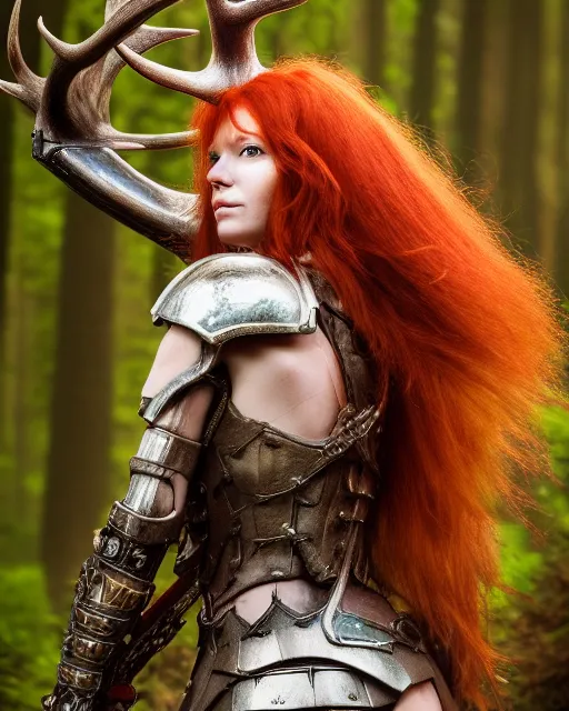 Image similar to 5 5 mm portrait photo of an armored redhead woman warrior, and antlers growing from her head, in a magical forest. by luis royo. highly detailed 8 k. intricate. lifelike. soft light. nikon d 8 5 0. cinematic post - processing