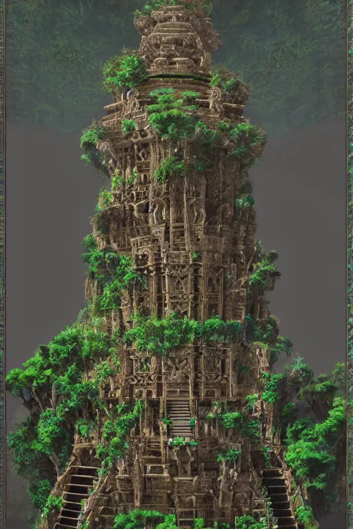 Prompt: ancient fractal temple megastructure in the hanging gardens of babylon, scanned earth terrain, erosion algorithm landscape, by albert bierdstat, by glenn small, high fantasy, high resolution, photorealism, populated by luminous beings, volumes of fog