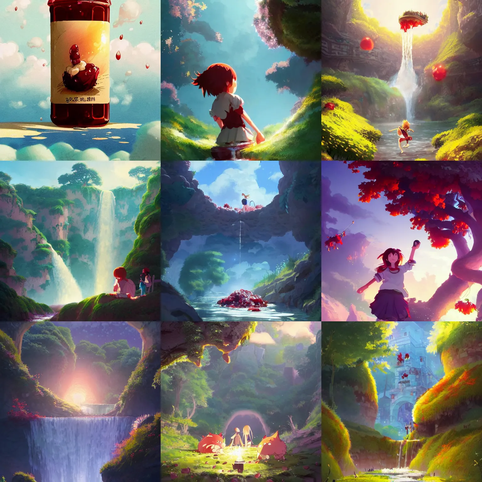 Prompt: berry falls in to huge bottle of jam, drops around, particles, Studio Ghibli, sunny sky, animated, anime, illustrated, vibrant, by Greg Rutkowski, dungeons and dragons on artstation