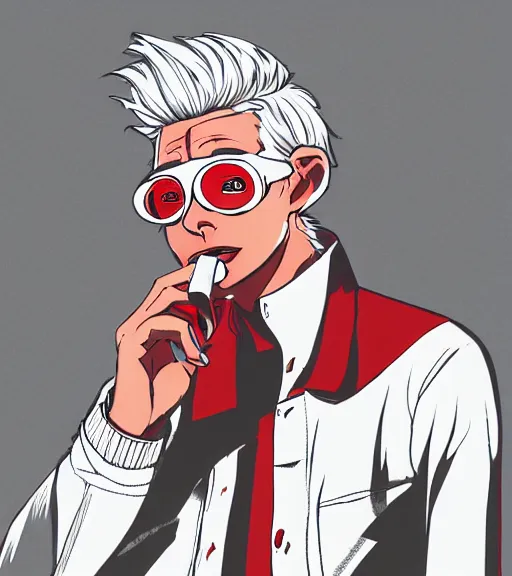 Image similar to young man in red jacket and white shirt, white hair, round goggles, smoking cigarette, character portrait, sharp focus, illustration, high detailed