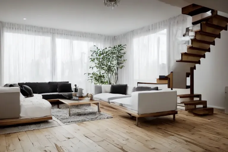 Prompt: Minimalistic Livingroom with a staircase, wooden floor, white L shaped couch, wooden coffee table, Big chandelier, Big Windows, 8k Realistic