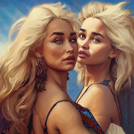 Image similar to lindsey pelas and emilia clarke wearing a batik tube top, digital painting, artstation, concept art, sharp focus, illustration, art by artgerm and greg rutkowski and alphonse mucha