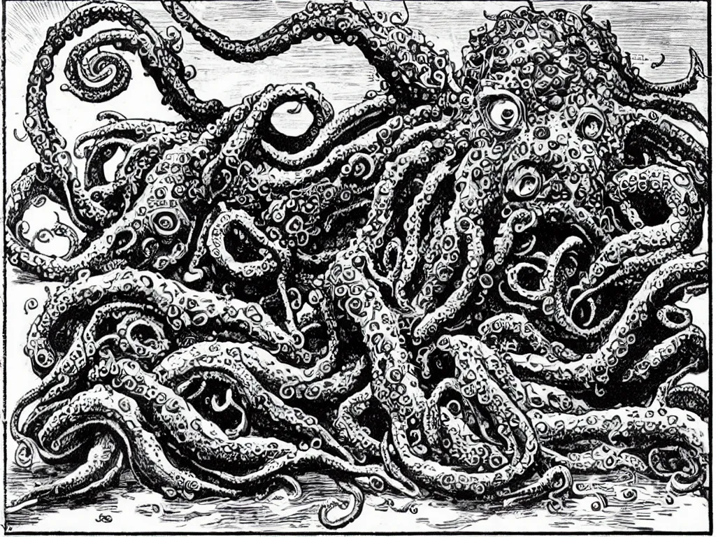 Image similar to tentacled cthulhu monster in 1 9 7 0 kitchen