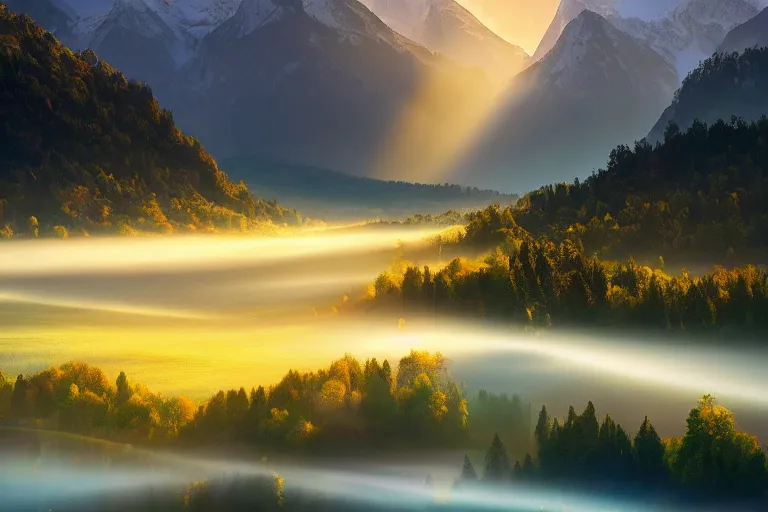 Image similar to landscape photography of romania by marc adamus, morning, mist, rays of light, beautiful
