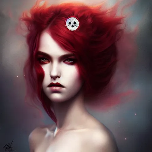 Image similar to princess of darkness, style of tom bagshaw, artgerm, james jean, piercing eyes, long glowing red hair, cinematic, highly detailed, award winning