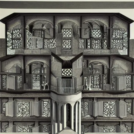 Prompt: impossible penrose house by M.C. Escher, painting with intricate details