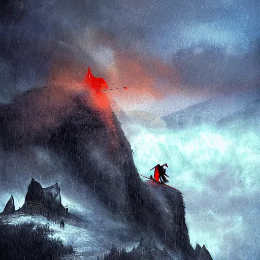 Image similar to dracula skiing down a mountain a night in a thunderstorm, digital art, highly detailed, epic composition, cinematic lightning