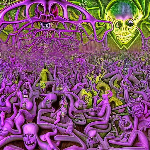 Prompt: digital painting of demons in rave party in hell by Chor Boogie, intricate details, ultra detailed, 4K, award-winning, touch of M. C. Escher