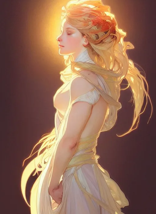 Image similar to digital character concept art by artgerm and greg rutkowski and alphonse mucha. clear portrait of a modern young wife blessed by god to uncontrollably grow overwhelmingly perfect!! blonde, worksafe! feminine well - formed holy body!! light effect. hyper detailed, glowing lights!! intricate, elegant, digital painting, artstation, smooth, sharp focus