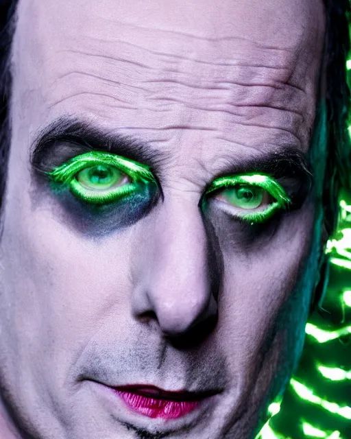 Image similar to Will Arnett as Beetlejuice, white makeup, green hair, cinematic lighting, 4k photograph