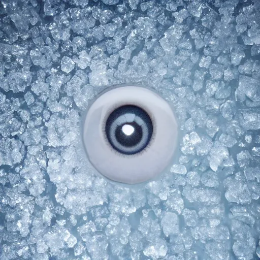 Prompt: a transparent sheet of frosted ice, with a weird eye behind it, XF IQ4, f/1.4, ISO 200, 1/160s, 8K, RAW, unedited, symmetrical balance, in-frame