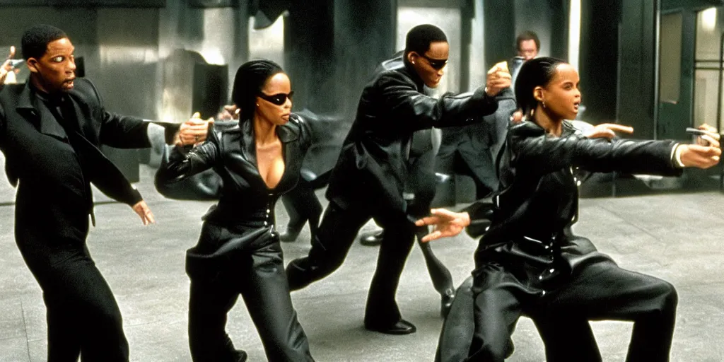 Image similar to the matrix fight scene with will smith as neo, jada pinkett smith as trinity, and chris rock as agent smith