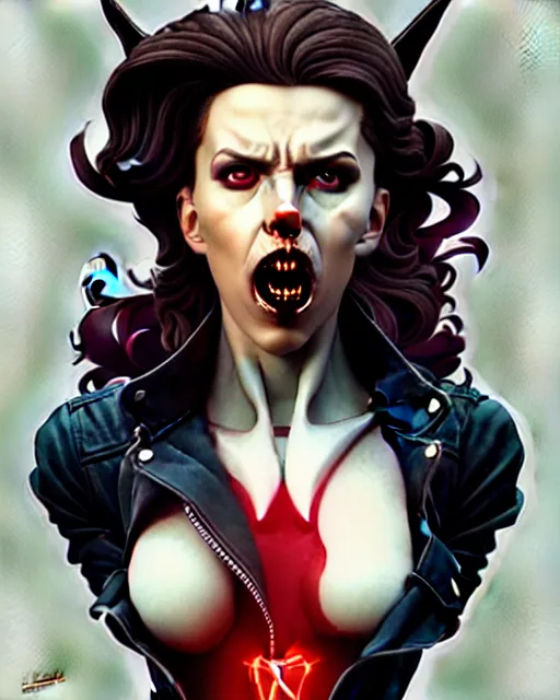 Image similar to rafael albuquerque comic art, art nouveau, peter mohrbacher, artgerm, pretty scarlett johansson vampire sharp vampire teeth open mouth, symmetrical eyes, black leather jacket, jeans, long blonde hair, full body