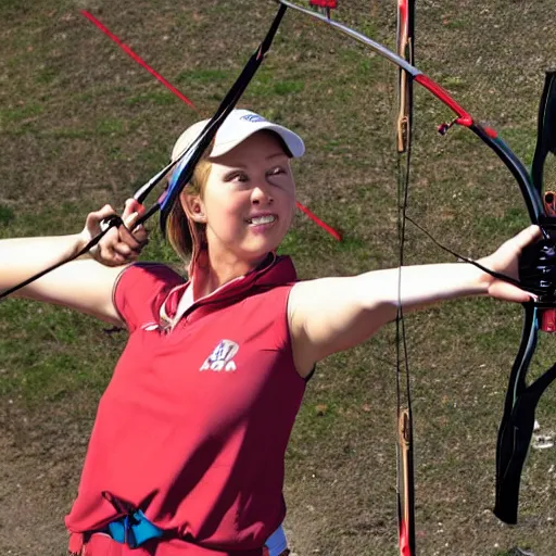 Image similar to realistic, attractive sports woman in archery, pointing his bow, highly detailed