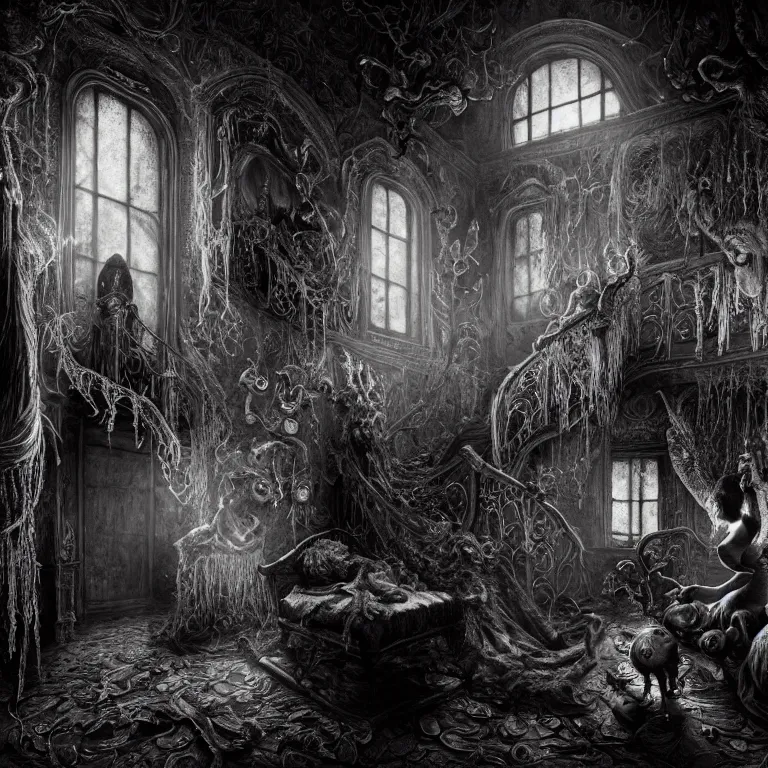 Image similar to New Year's Eve in a Haunted House, creepy, nightmare, dream-like heavy atmosphere, surreal , beautiful detailed intricate insanely detailed octane render trending on Artstation, 8K artistic photography, photorealistic, chiaroscuro, MC Escher, Basil Gogos, Gustave Dore, Beksinski, Rudolph Belarski, Laurie Lipton, Charles Addams