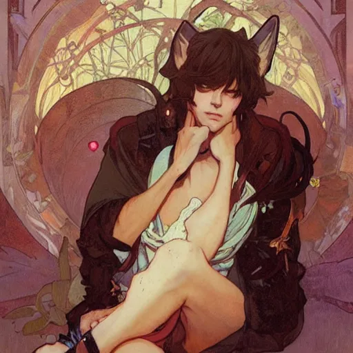 Image similar to Portrait of a pretty fantasy catboy with cat ears. Art by Greg Rutkowski and Alphonse Mucha