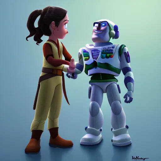 Image similar to rey skywalker holding hands with buzz lightyear, digital art, tending on artstation